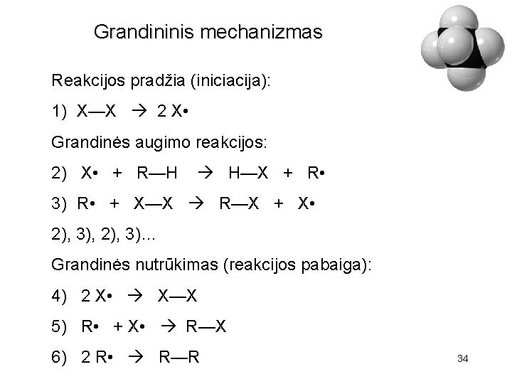 Grandininis mechanizmas Reakcijos pradžia (iniciacija): 1) X—X 2 X • Grandinės augimo reakcijos: 2)