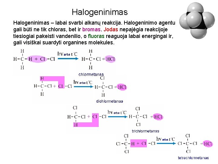 Halogeninimas – labai svarbi alkanų reakcija. Halogeninimo agentu gali būti ne tik chloras, bet