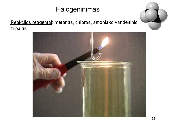 Halogeninimas Reakcijos reagentai: metanas, chloras, amoniako vandeninis tirpalas 36 