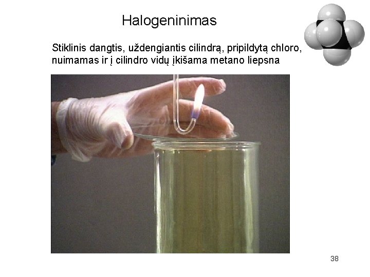 Halogeninimas Stiklinis dangtis, uždengiantis cilindrą, pripildytą chloro, nuimamas ir į cilindro vidų įkišama metano