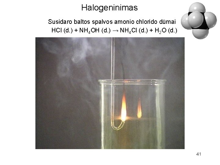 Halogeninimas Susidaro baltos spalvos amonio chlorido dūmai HCl (d. ) + NH 4 OH