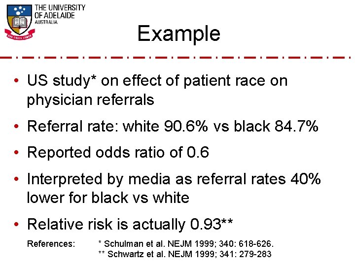 Example • US study* on effect of patient race on physician referrals • Referral