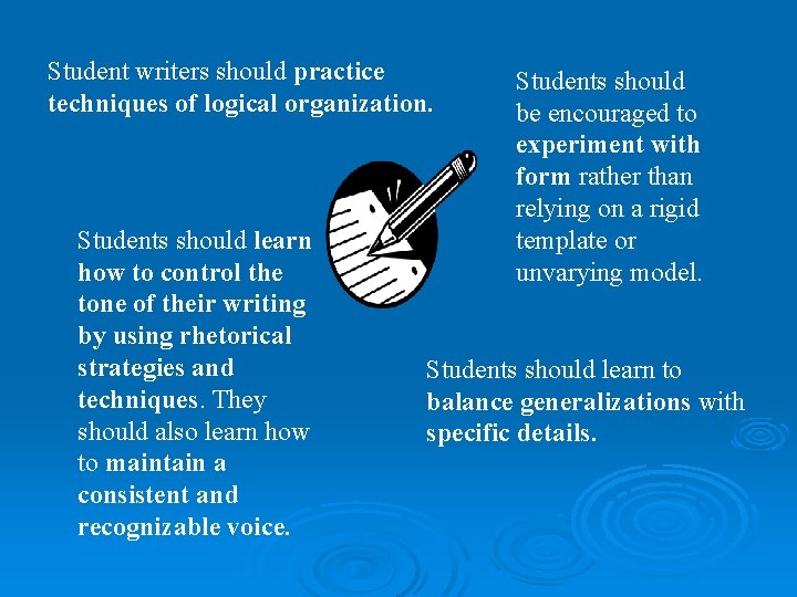 Student writers should practice techniques of logical organization. Students should learn how to control