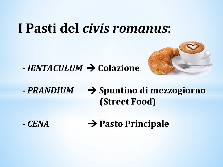 I Pasti del civis romanus: - IENTACULUM Colazione - PRANDIUM Spuntino di mezzogiorno (Street