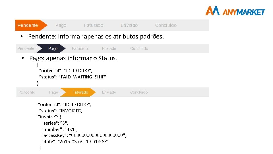  • Pendente: informar apenas os atributos padrões. • Pago: apenas informar o Status.