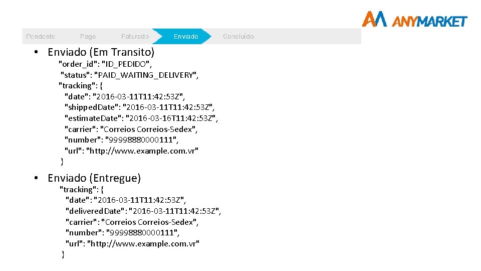  • Enviado (Em Transito) "order_id": "ID_PEDIDO", "status": "PAID_WAITING_DELIVERY", "tracking": { "date": "2016 -03