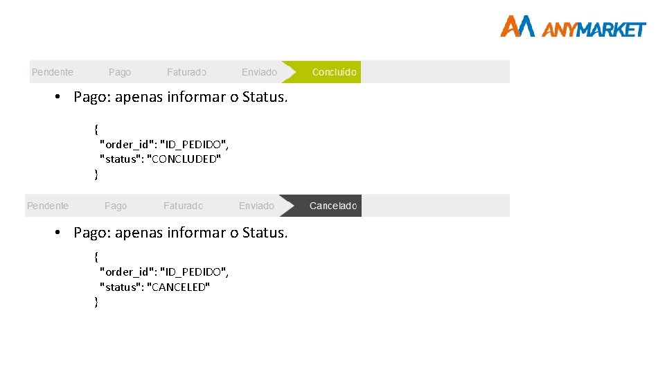  • Pago: apenas informar o Status. { } "order_id": "ID_PEDIDO", "status": "CONCLUDED" •