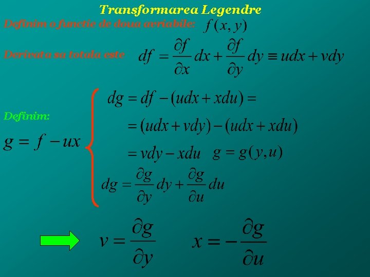 Transformarea Legendre Definim o functie de doua avriabile: Derivata sa totala este Definim: 