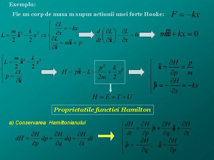 Exemplu: Fie un corp de masa m supus actiunii unei forte Hooke: Proprietatile functiei
