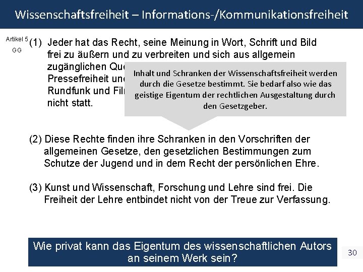 Wissenschaftsfreiheit – Informations-/Kommunikationsfreiheit Artikel 5 GG (1) Jeder hat das Recht, seine Meinung in