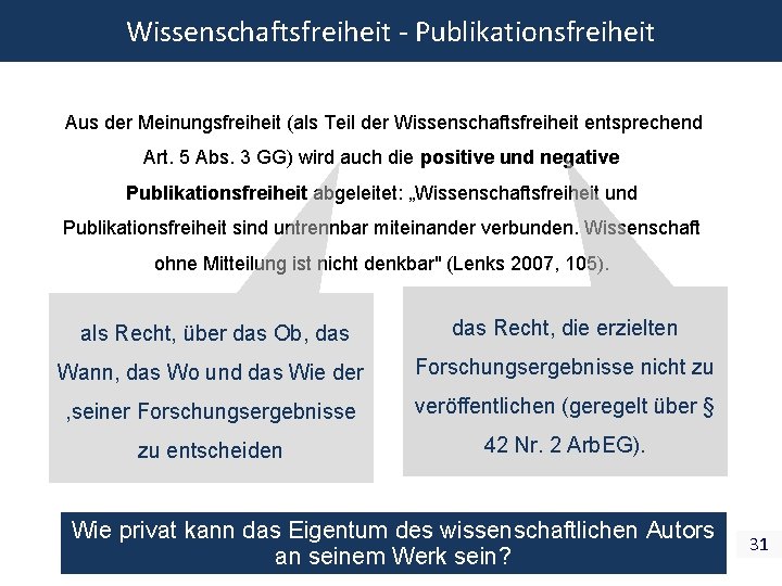 Wissenschaftsfreiheit - Publikationsfreiheit Aus der Meinungsfreiheit (als Teil der Wissenschaftsfreiheit entsprechend Art. 5 Abs.