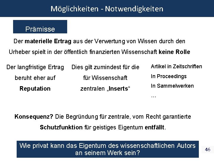 Möglichkeiten - Notwendigkeiten Prämisse Der materielle Ertrag aus der Verwertung von Wissen durch den