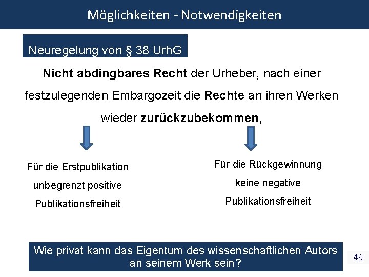 Möglichkeiten - Notwendigkeiten Neuregelung von § 38 Urh. G Nicht abdingbares Recht der Urheber,