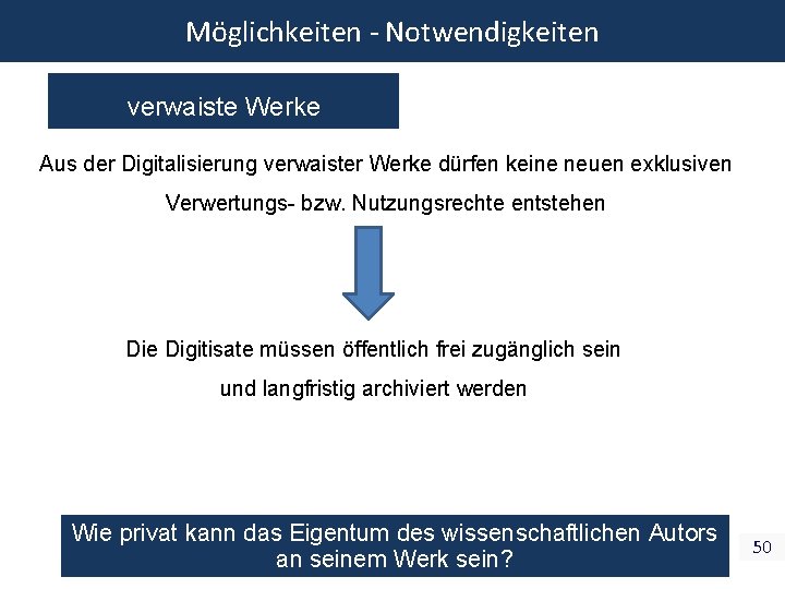 Möglichkeiten - Notwendigkeiten verwaiste Werke Aus der Digitalisierung verwaister Werke dürfen keine neuen exklusiven