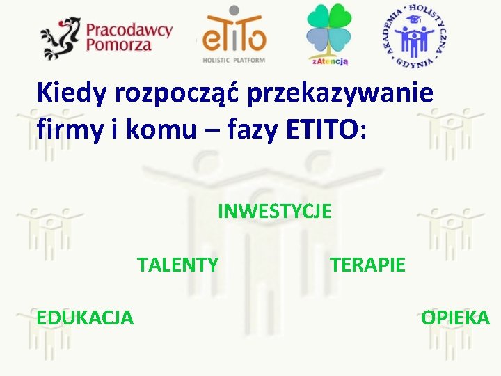 Kiedy rozpocząć przekazywanie firmy i komu – fazy ETITO: INWESTYCJE TALENTY EDUKACJA TERAPIE OPIEKA