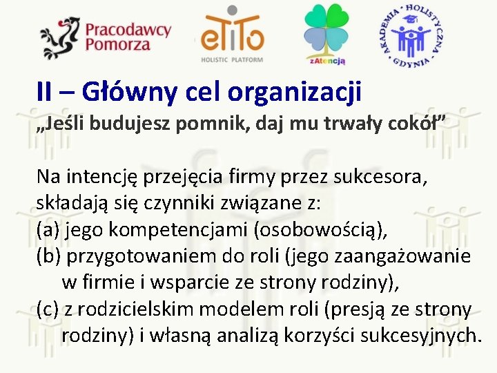 II – Główny cel organizacji „Jeśli budujesz pomnik, daj mu trwały cokół” Na intencję