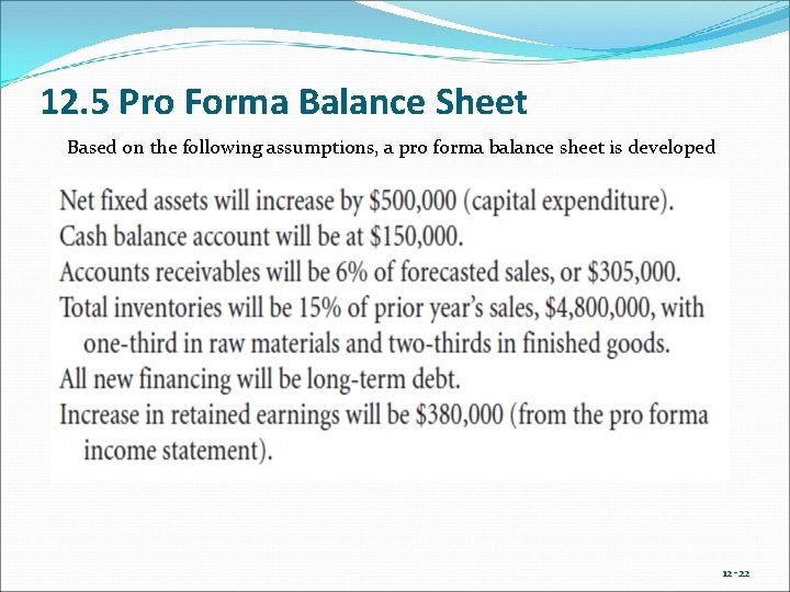 12. 5 Pro Forma Balance Sheet Based on the following assumptions, a pro forma