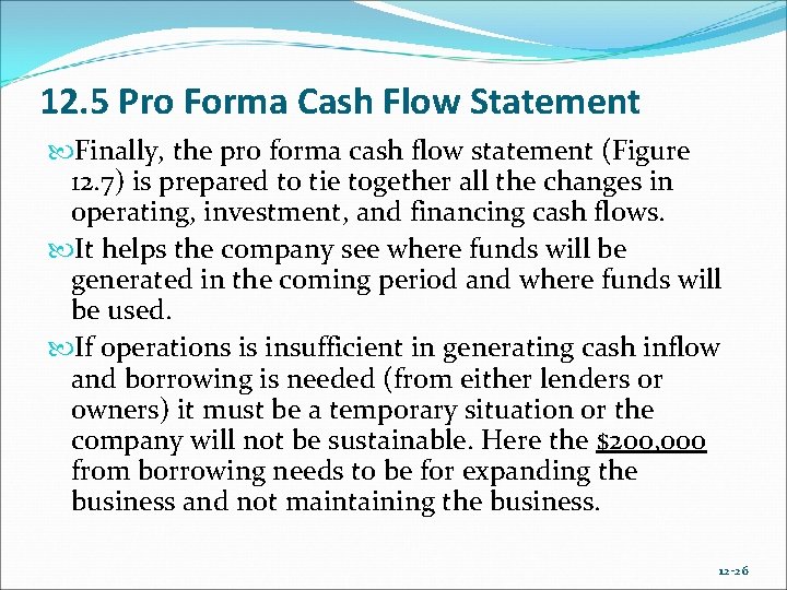 12. 5 Pro Forma Cash Flow Statement Finally, the pro forma cash flow statement