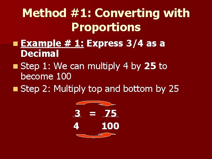 Method #1: Converting with Proportions n Example # 1: Express 3/4 as a Decimal