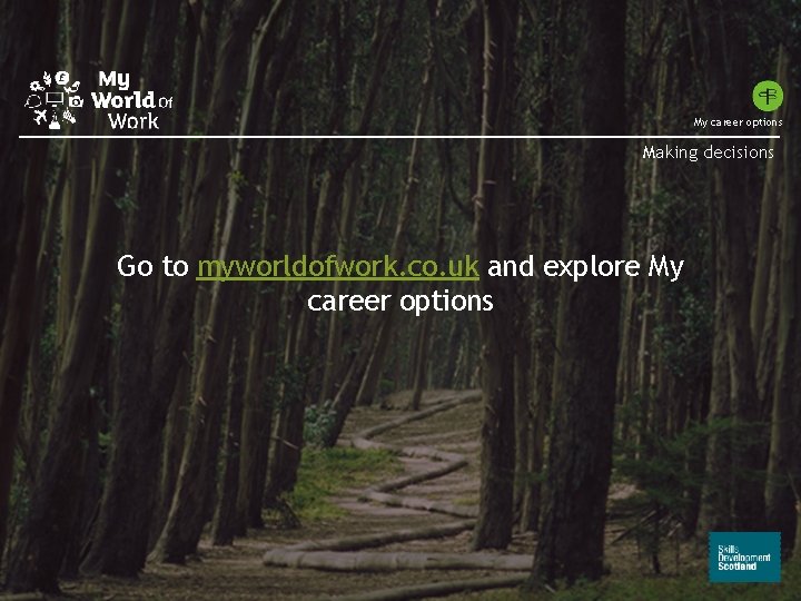 My career options Making decisions Go to myworldofwork. co. uk and explore My career