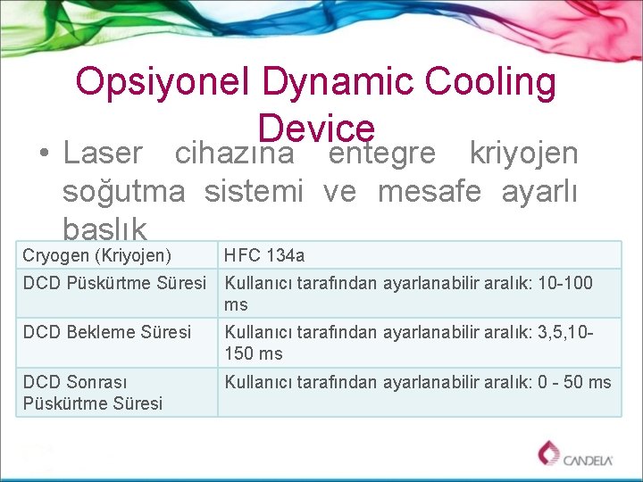 Opsiyonel Dynamic Cooling Device • Laser cihazına entegre kriyojen soğutma sistemi ve mesafe ayarlı