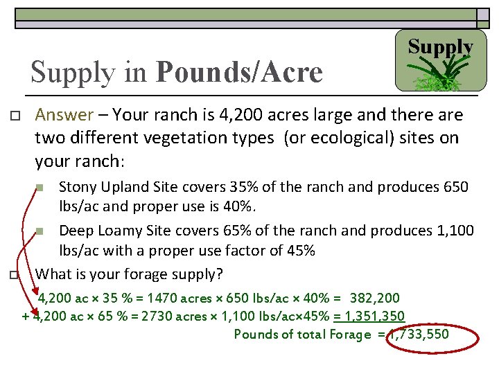 Supply in Pounds/Acre o Supply Answer – Your ranch is 4, 200 acres large