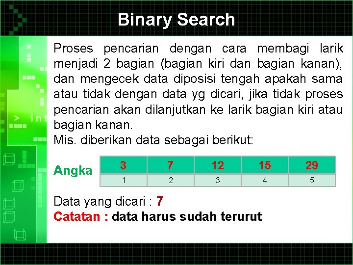 Binary Search Proses pencarian dengan cara membagi larik menjadi 2 bagian (bagian kiri dan