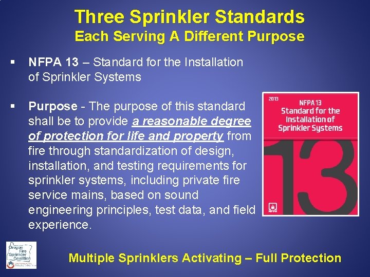 Three Sprinkler Standards Each Serving A Different Purpose § NFPA 13 – Standard for