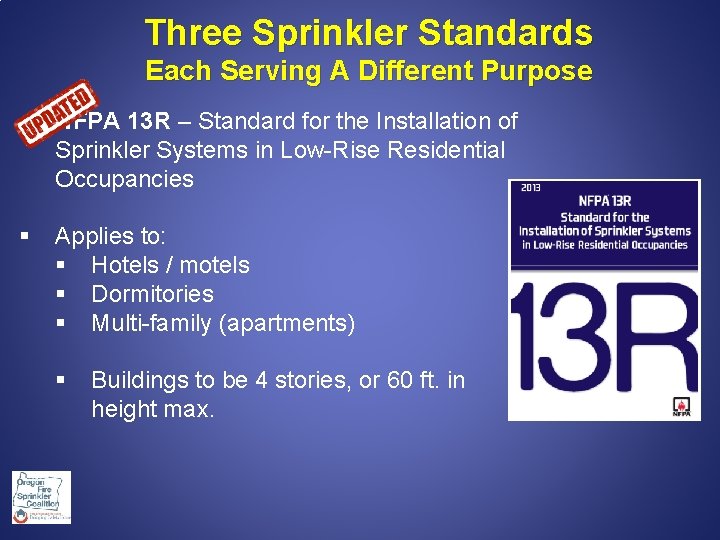 Three Sprinkler Standards Each Serving A Different Purpose § NFPA 13 R – Standard