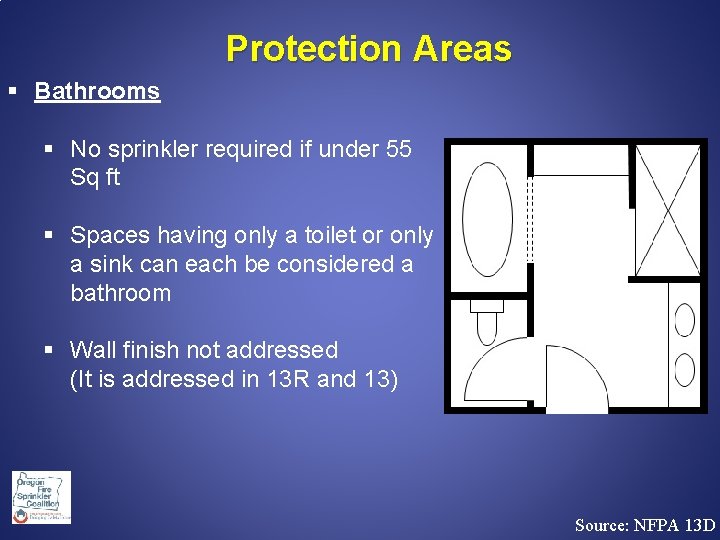 Protection Areas § Bathrooms § No sprinkler required if under 55 Sq ft §