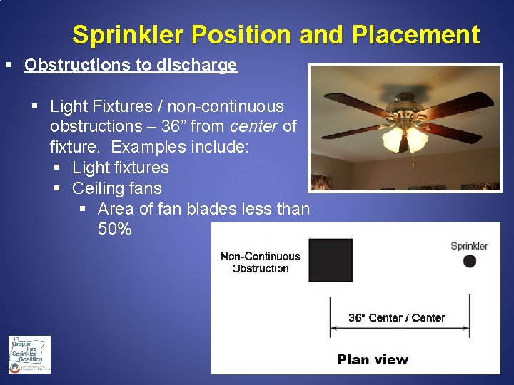 Sprinkler Position and Placement § Obstructions to discharge § Light Fixtures / non-continuous obstructions