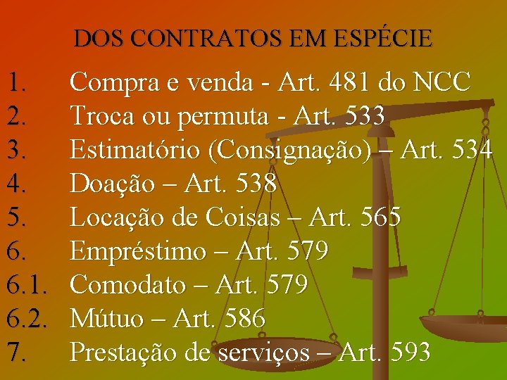 DOS CONTRATOS EM ESPÉCIE 1. Compra e venda - Art. 481 do NCC 2.