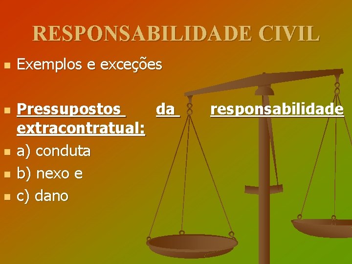 RESPONSABILIDADE CIVIL n n n Exemplos e exceções Pressupostos da extracontratual: a) conduta b)