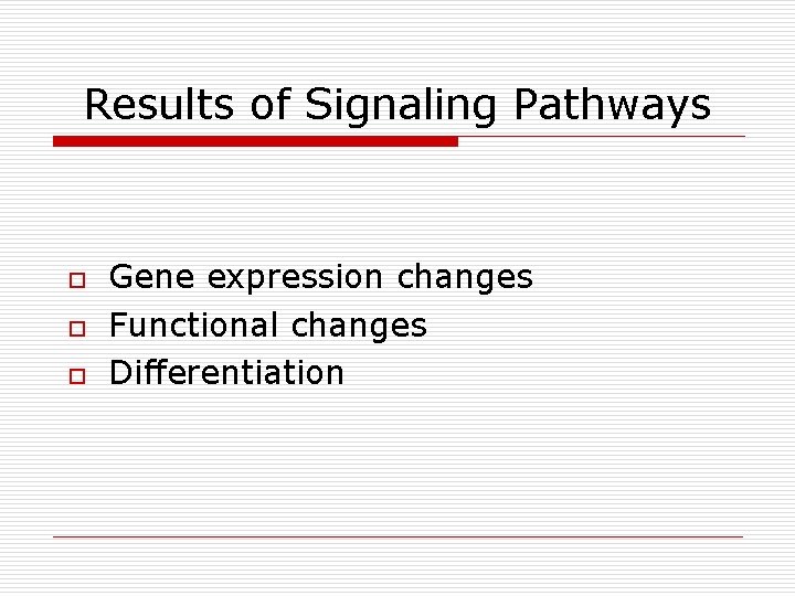 Results of Signaling Pathways o o o Gene expression changes Functional changes Differentiation Results of Signaling Pathways o o o Gene expression changes Functional changes Differentiation