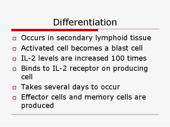 Differentiation o o o Occurs in secondary lymphoid tissue Activated cell becomes a blast Differentiation o o o Occurs in secondary lymphoid tissue Activated cell becomes a blast