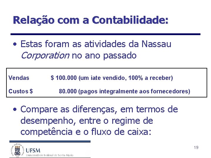 Relação com a Contabilidade: • Estas foram as atividades da Nassau Corporation no ano