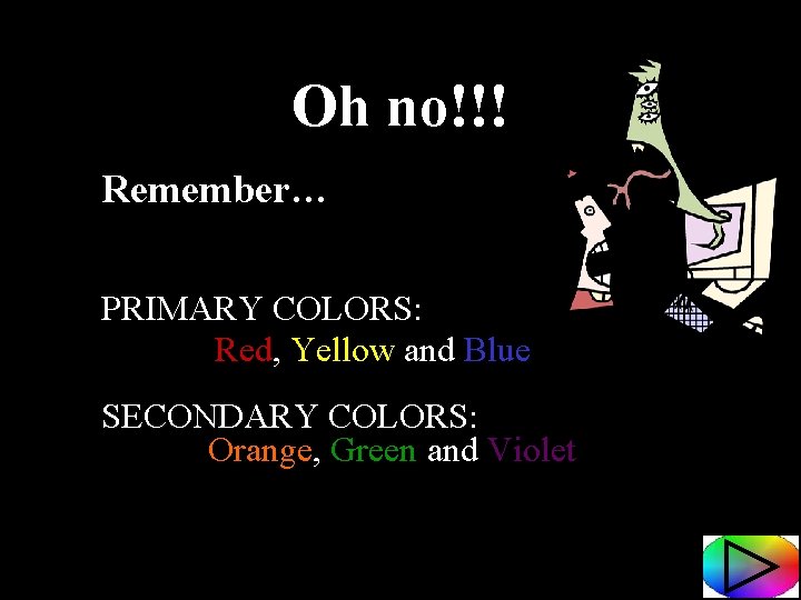 Oh no!!! Remember… PRIMARY COLORS: Red, Yellow and Blue SECONDARY COLORS: Orange, Green and