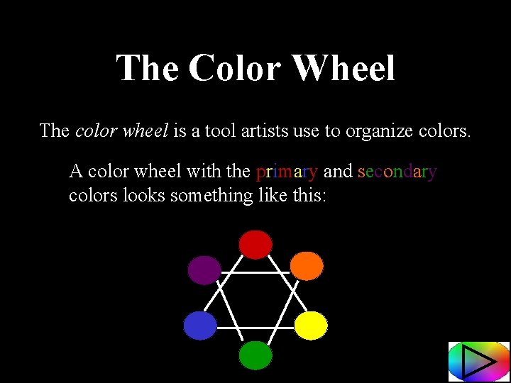 The Color Wheel The color wheel is a tool artists use to organize colors.