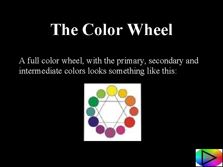 The Color Wheel A full color wheel, with the primary, secondary and intermediate colors