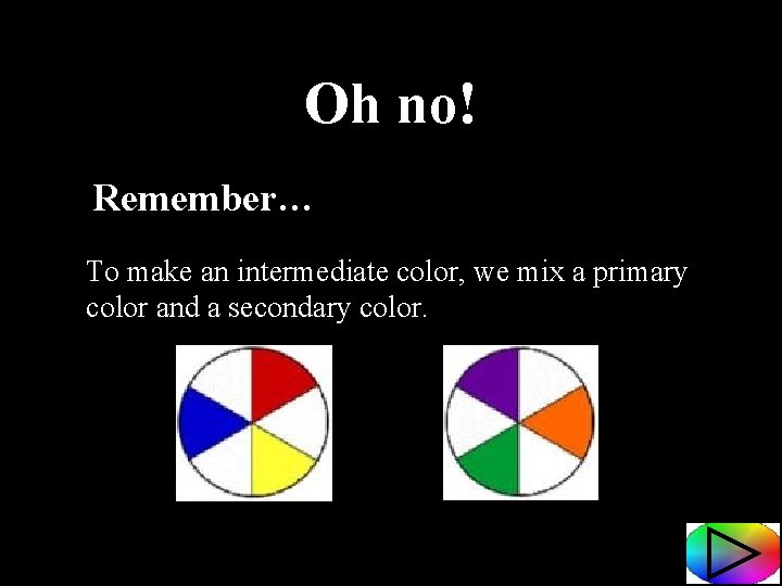 Oh no! Remember… To make an intermediate color, we mix a primary color and