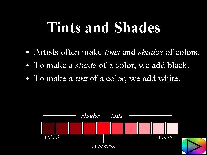 Tints and Shades • Artists often make tints and shades of colors. • To