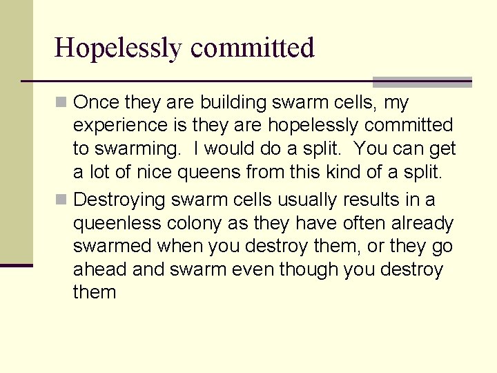 Hopelessly committed n Once they are building swarm cells, my experience is they are