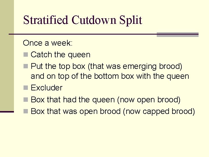 Stratified Cutdown Split Once a week: n Catch the queen n Put the top