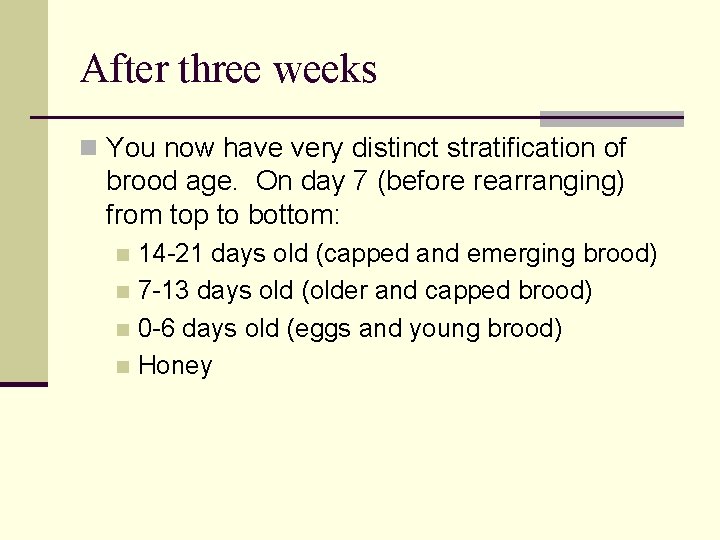 After three weeks n You now have very distinct stratification of brood age. On