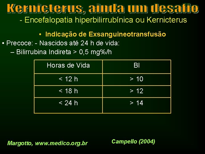 - Encefalopatia hiperbilirrubínica ou Kernicterus • Indicação de Exsanguineotransfusão • Precoce: - Nascidos até