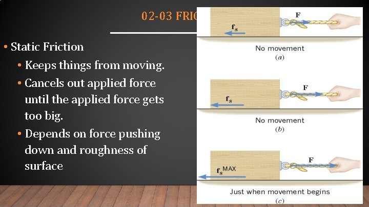 02 -03 FRICTION • Static Friction • Keeps things from moving. • Cancels out