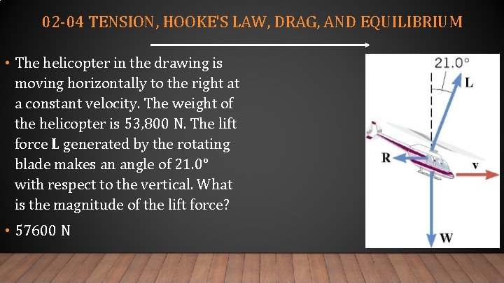 02 -04 TENSION, HOOKE'S LAW, DRAG, AND EQUILIBRIUM • The helicopter in the drawing