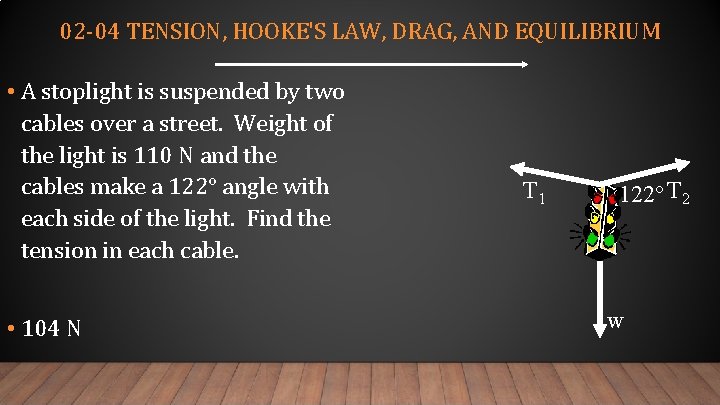 02 -04 TENSION, HOOKE'S LAW, DRAG, AND EQUILIBRIUM • A stoplight is suspended by