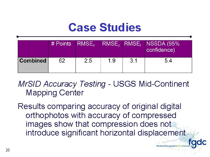 Case Studies Mr. SID Accuracy Testing - USGS Mid-Continent Mapping Center Results comparing accuracy