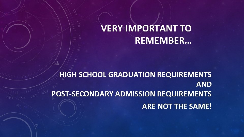 VERY IMPORTANT TO REMEMBER… HIGH SCHOOL GRADUATION REQUIREMENTS AND POST-SECONDARY ADMISSION REQUIREMENTS ARE NOT